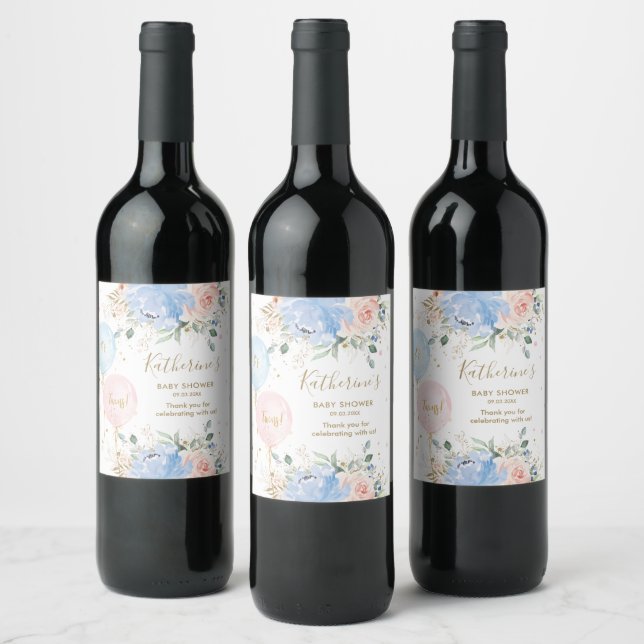 Pink Blue Balloons Floral It's Twins Baby Shower Wine Label (Bottles)