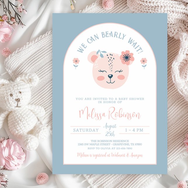 Pink Blue Bear Face Girl Bearly Wait Baby Shower Invitation (You can change the blue background and the white backside background color to whatever you prefer.)