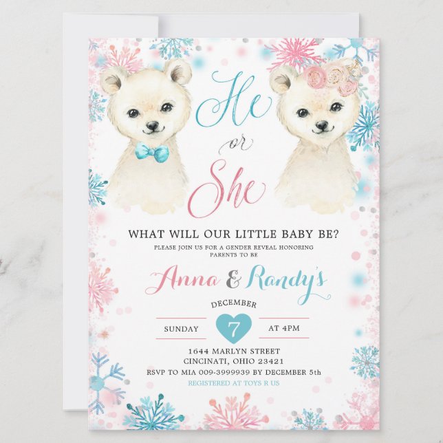 Pink & Blue Bear Winter Gender Reveal Invitation (Front)