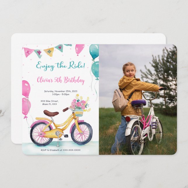 Pink & Blue Bike Birthday Party Photo Invitation (Front/Back)