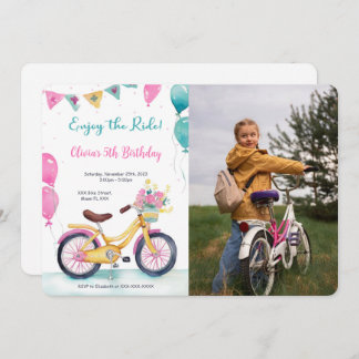 Pink & Blue Bike Birthday Party Photo Invitation