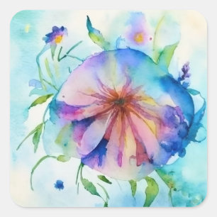 pink, blue bindweed flower, watercolor, square sticker