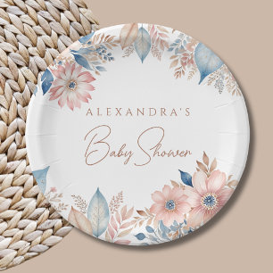Pink Blue Boho Floral Baby Shower Paper Plate