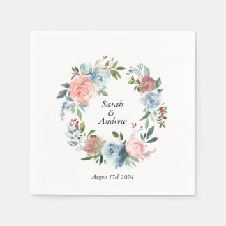 Pink Blue Boho Greenery Wreath Wedding  Napkin