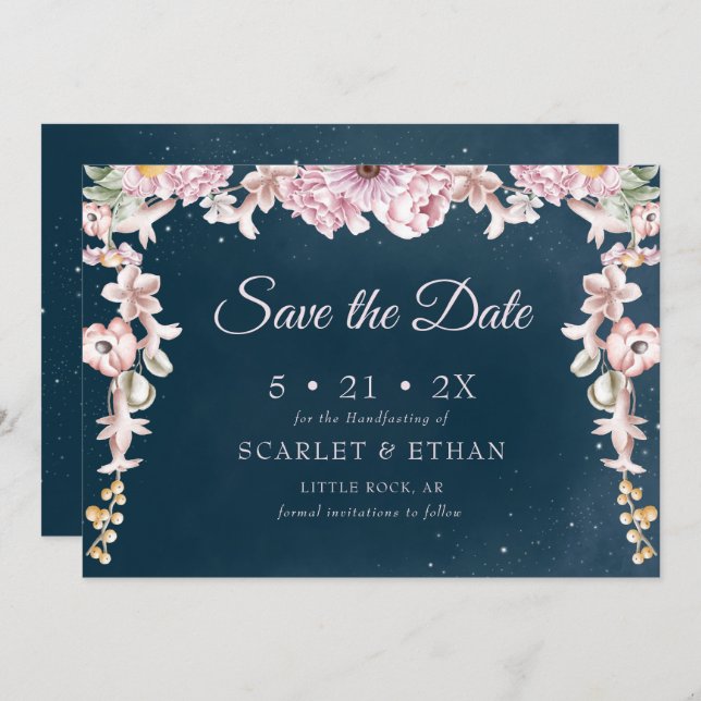 Pink & Blue Boho Starry Night Sky Handfasting Save The Date (Front/Back)