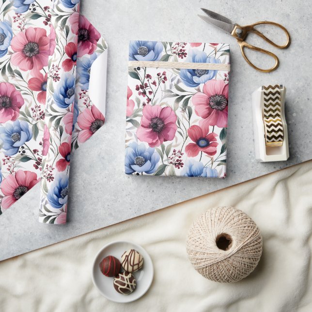 Pink Blue Botanical Bloom Wrapping Paper  (Crafts)