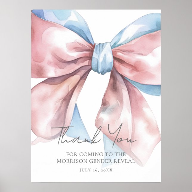 Pink Blue Bow Gender Reveal Thank You Sign (Front)