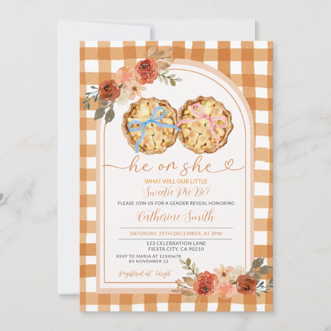 Pink Blue Bow Pumpkin Pie Gender Reveal Gingham Invitation (Front)