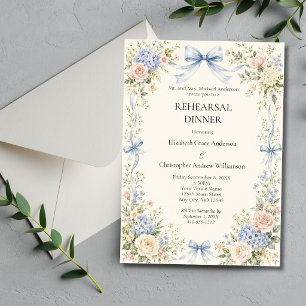 Pink Blue Bow Watercolor Florals Rehearsal Dinner Invitation