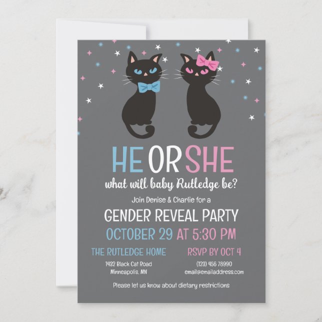 Pink Blue Bows Black Cats Gender Reveal Invitation (Front)