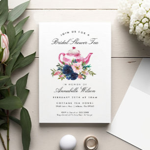 Pink Blue Bridal Shower Tea Party Invitation