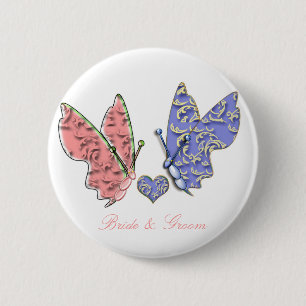Pink & Blue Bride & Groom Butterflies so Cute 6 Cm Round Badge