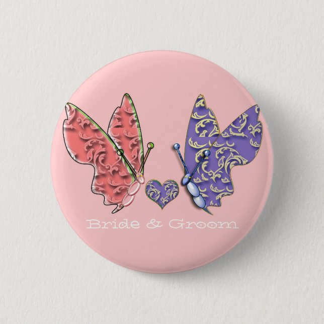 Pink & Blue Bride & Groom Butterflies so Cute 6 Cm Round Badge (Front)