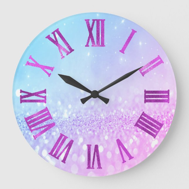 Pink Blue Bright Glitter Metallic Roman Numers Large Clock (Front)