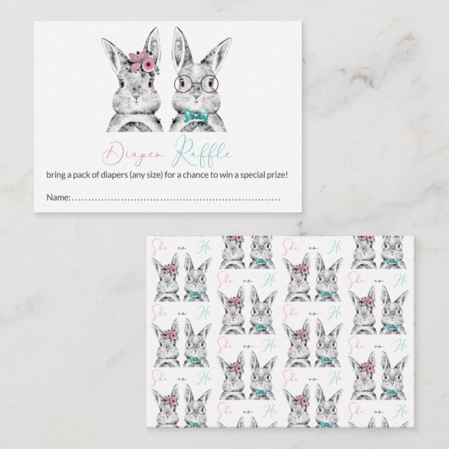 Pink Blue Bunnies Gender Reveal Diaper Raffle Enclosure Card (Front/Back)