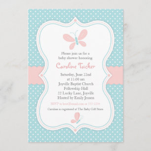 Pink & Blue Butterfly Baby Girl Shower Invitation