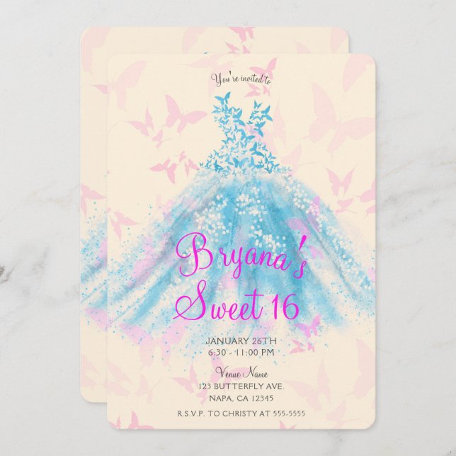 Pink & Blue Butterfly Dance Dress Sweet 16 Party I Invitation (Front/Back)