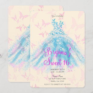 Pink & Blue Butterfly Dance Dress Sweet 16 Party I Invitation