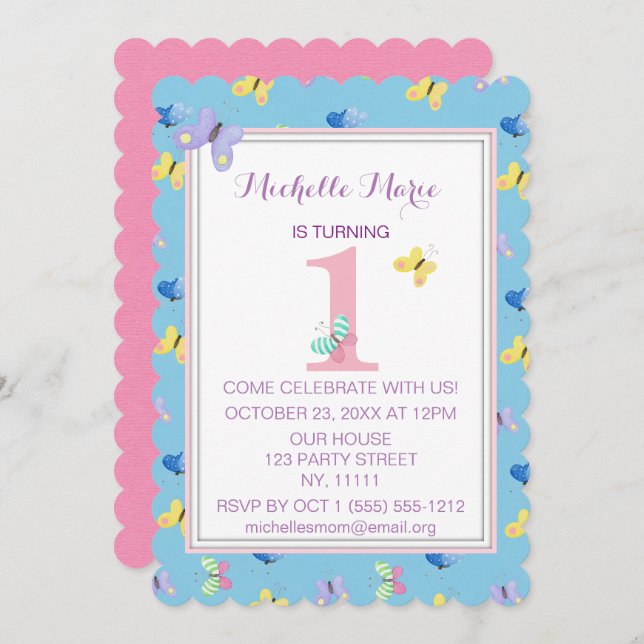 Pink Blue Butterfly First Birthday Invitation (Front/Back)
