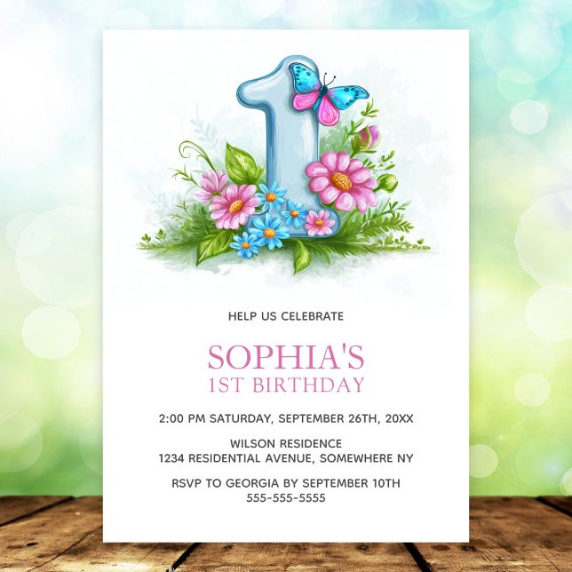 Pink Blue Butterfly Floral 1st Birthday Party Invitation (Creator Uploaded)