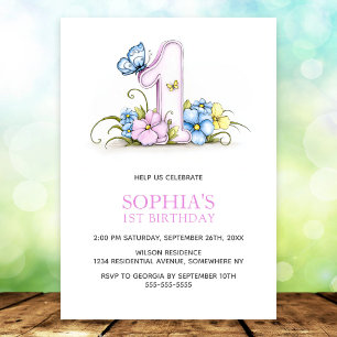 Pink Blue Butterfly Flowers 1st Birthday Party Invitation