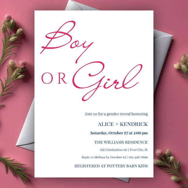 Pink Blue Calligraphy Boy Or Girl Gender Reveal  Invitation (Creator Uploaded)