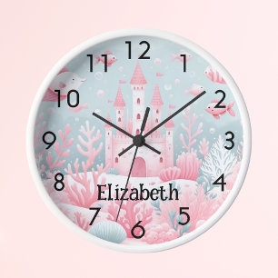 Pink blue castle fish sea underwater fantasy clock