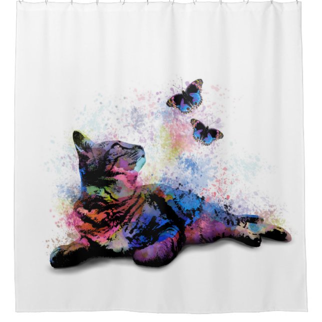Pink Blue Cat butterfly 614 Shower Curtain (Front)