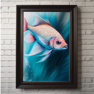 Pink Blue Chalk Drawing Fish iii Poster