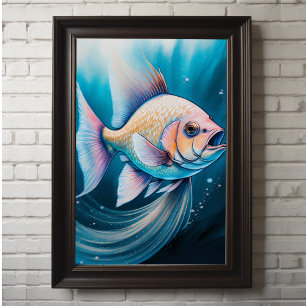 Pink Blue Chalk Drawing Fish Poster