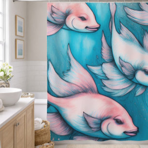 Pink Blue Chalk Drawing Fish Shower Curtain