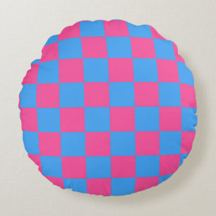 Pink Blue Chequered Check Pattern Round Cushion