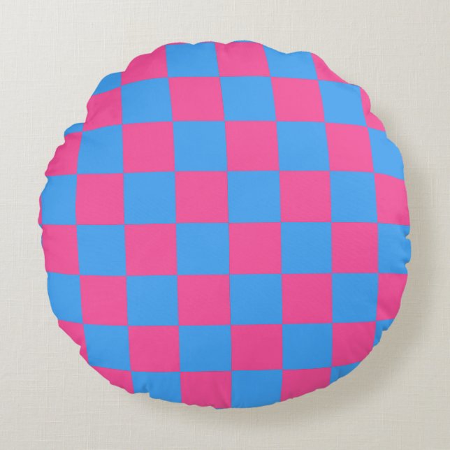 Pink Blue Chequered Check Pattern Round Cushion (Front)
