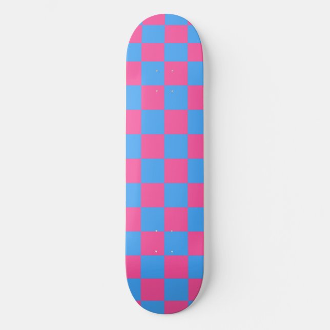 Pink Blue Chequered Check Pattern Skateboard (Front)