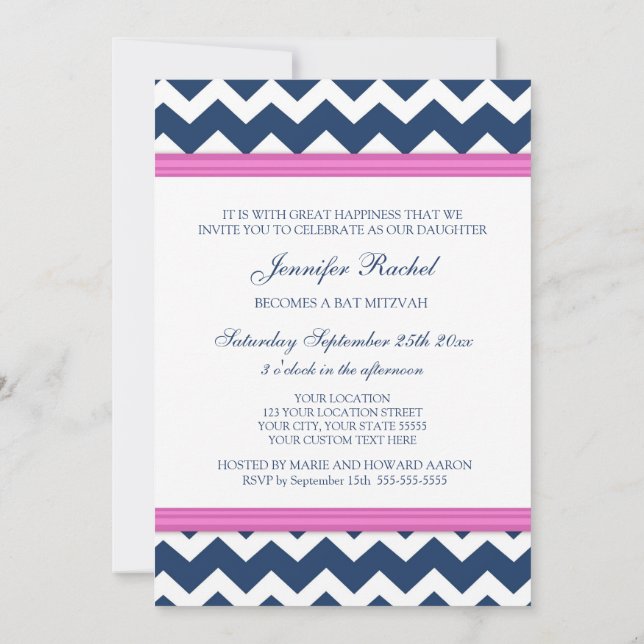 Pink Blue Chevron Bat Mitzvah Invitations (Back)