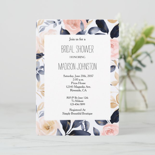 Pink Blue Chic Flowers Bridal Shower Invitation (Standing Front)