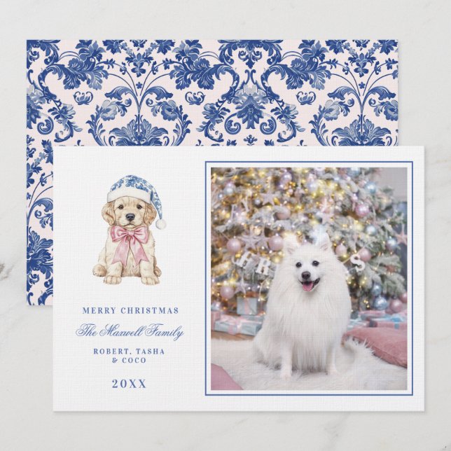 Pink & Blue Chinoiserie Christmas Puppy Invitation (Front/Back)