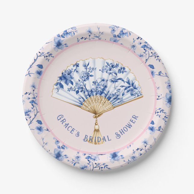  Pink & Blue Chinoiserie Fan | Bridal Tea  Paper Plate (Front)