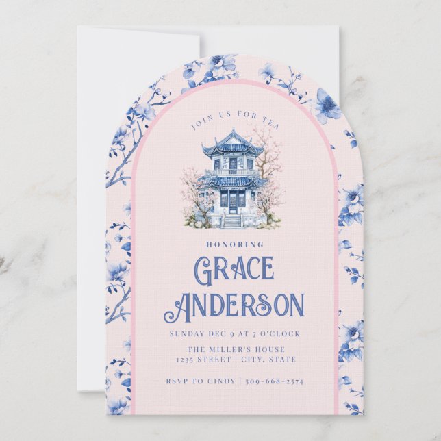  Pink & Blue Chinoiserie Pagoda Tea Invitation (Front)