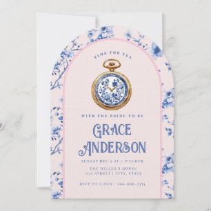 Pink & Blue Chinoiserie Pocket Watch Tea   Invitation