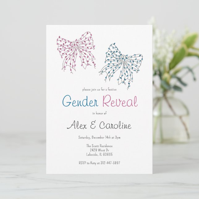 Pink Blue Christmas Bows Gender Reveal Party Invitation (Standing Front)