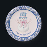 Pink & Blue Christmas Snowman W/ Damask Border Paper Plate<br><div class="desc">This Christmas design has a preppy grandmillennial design featuring a Snowman in a blue and white Chinoiserie pot on a blush pink background with a navy blue damask border around the edge.</div>