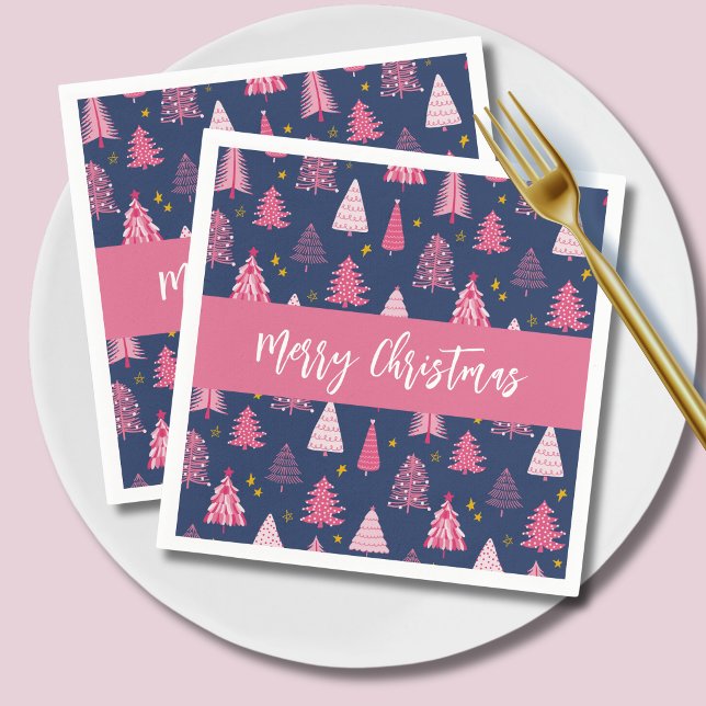 Pink Blue Christmas Tree Pattern Napkin (Pink Christmas tree Merrcy Christmas Holiday Paper napkins on navy blue)