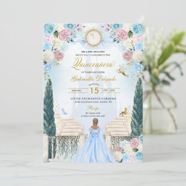 Pink & Blue Cinderella Princess Fairy Quinceanera Invitation (Standing Front)