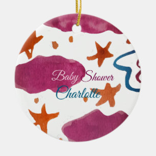 Pink blue clouds baby shower add name watercolor s ceramic ornament