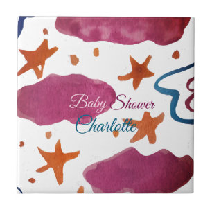 Pink blue clouds baby shower add name watercolor s ceramic tile