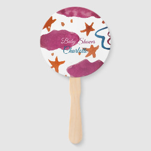 Pink blue clouds baby shower add name watercolor s hand fan