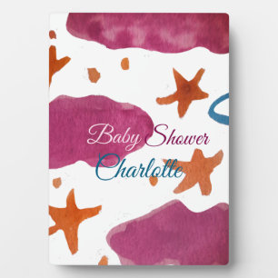 Pink blue clouds baby shower add name watercolor s plaque