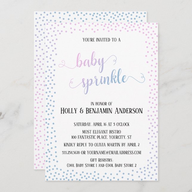 Pink Blue Confetti Typography Baby Sprinkle Invitation (Front/Back)