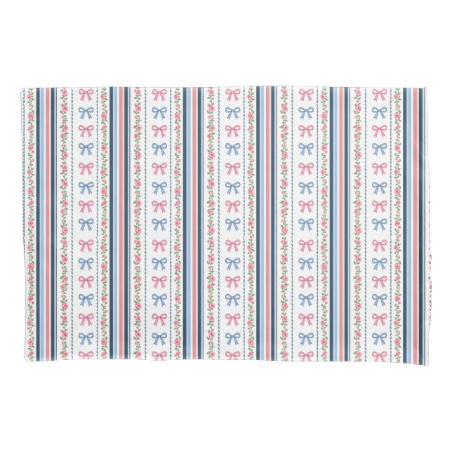 Pink Blue coquette bow Florals Stripes Trendy Girl Pillowcase (Front)